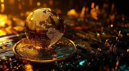 The shining golden globe represents the acquisition of wealth and success decorated with bright lights and a festive atmosphere Colorful and futuristic digital elements Dark background, low angle shot