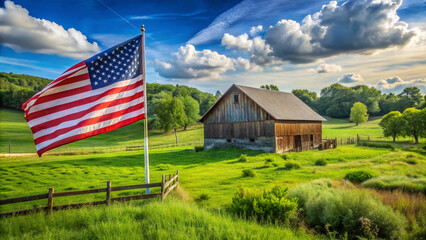 Rustic rural landscape featuring a vintage American flag waving proudly beside a weathered barn and lush green pastures on a sunny summer afternoon.