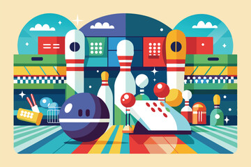 A vibrant illustration depicts a bowling alley filled with colorful balls, pins, and game equipment, showcasing a lively atmosphere for entertainment