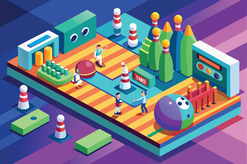 Obraz premium A vibrant isometric illustration showcases players engaging in bowling activities at a lively, customizable bowling alley setting
