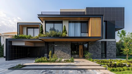 Fototapeta premium A modern house with black and brown exterior, a glass door and windows. A paved walkway leads to the entrance, with landscaping on both sides.