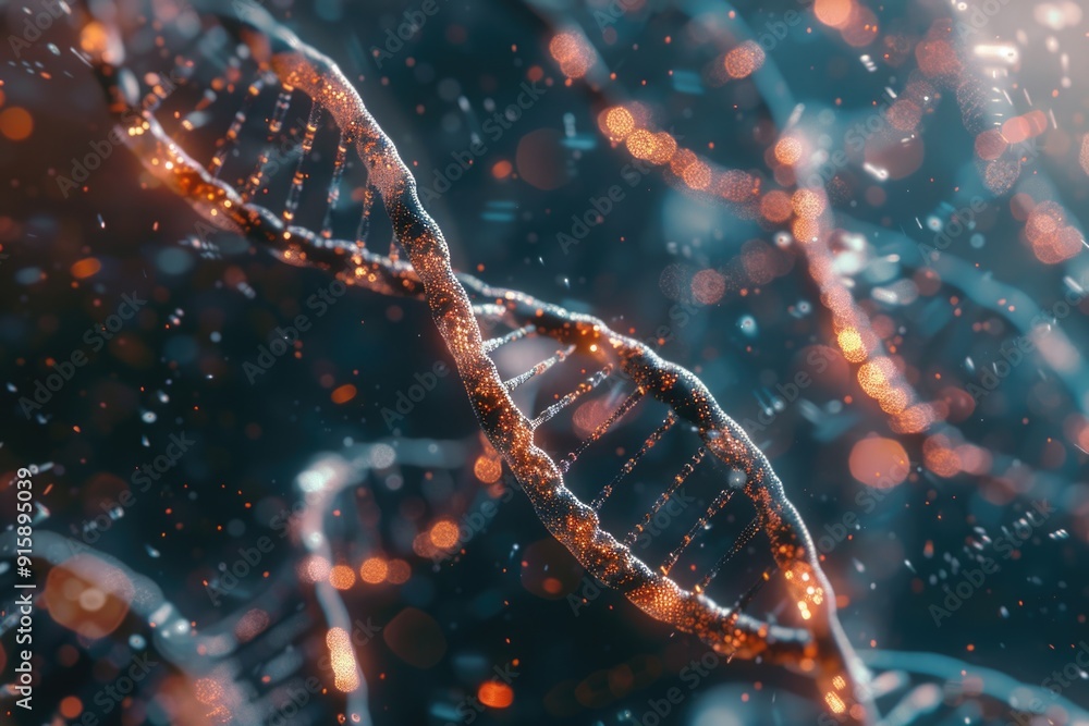 Poster a close-up view of a double-stranded dna strand, highlighting its twisted structure