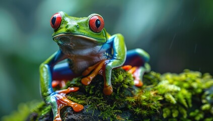 Fototapeta premium Red-Eyed Tree Frog on Mossy Branch
