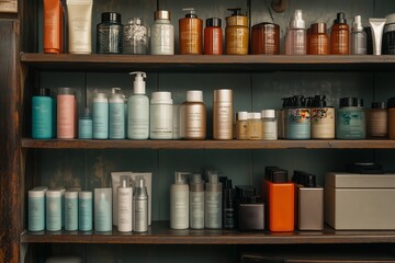 A well-organized wooden shelf displaying various skincare and haircare products in calming pastel and earthy tones