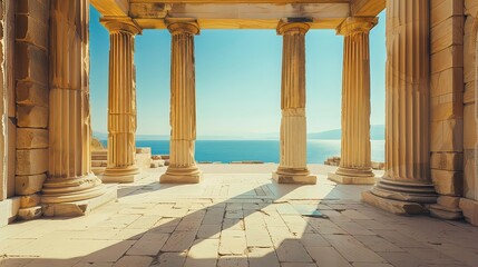 Fototapeta premium A view of the sea through an ancient colonnade, the sun casts long shadows across the worn stone floor.