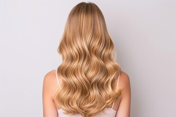 Fototapeta premium Back View of Woman with Long Wavy Blonde Hair, Natural Beauty, Minimalist Style, Ideal for Haircare Marketing and Beauty Products, Isolated Portrait with Ample Copyspace, Perfect for Advertisements