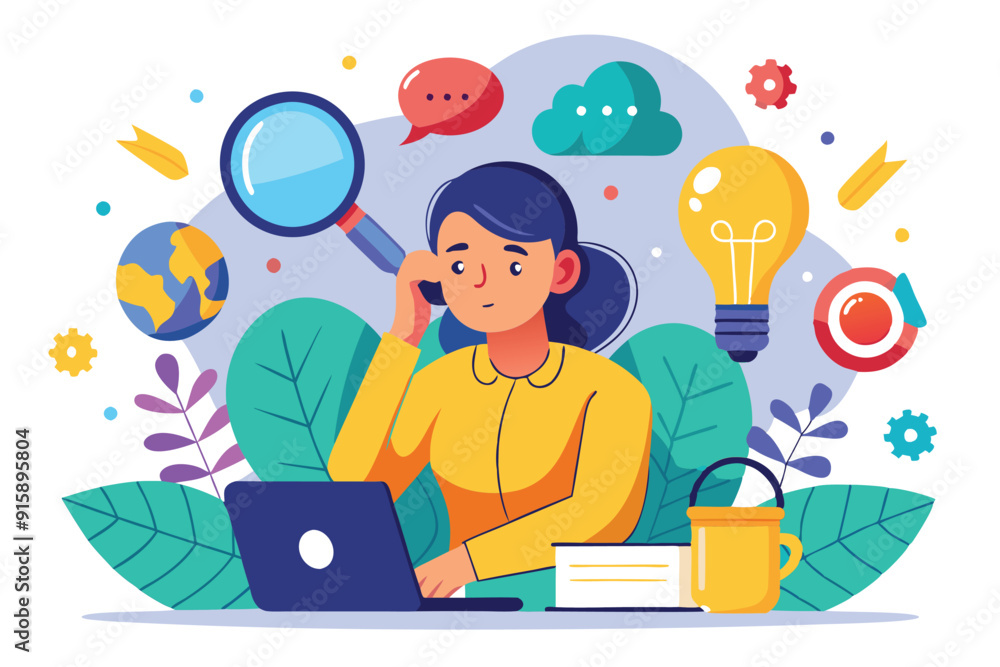 Poster a thoughtful individual engages in brainstorming, using a laptop while surrounded by icons represent