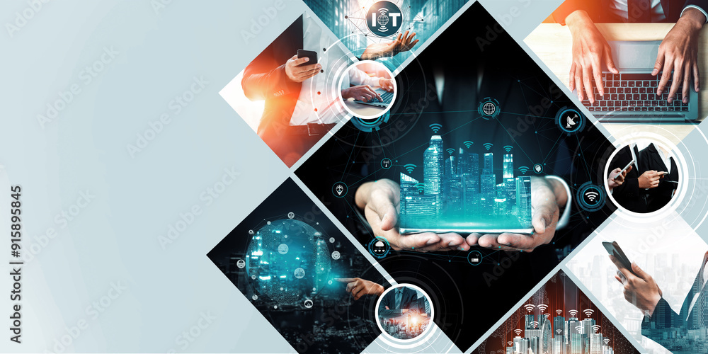 Poster communication technology , smart connection iot and people network technology concept. people using 