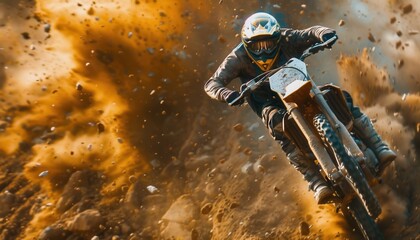 Dirt Bike Rider Performing Stunts Amidst Flying Dust at Off-Road Track