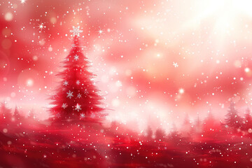 Red Christmas Tree In Snowy Forest With Bright Lights