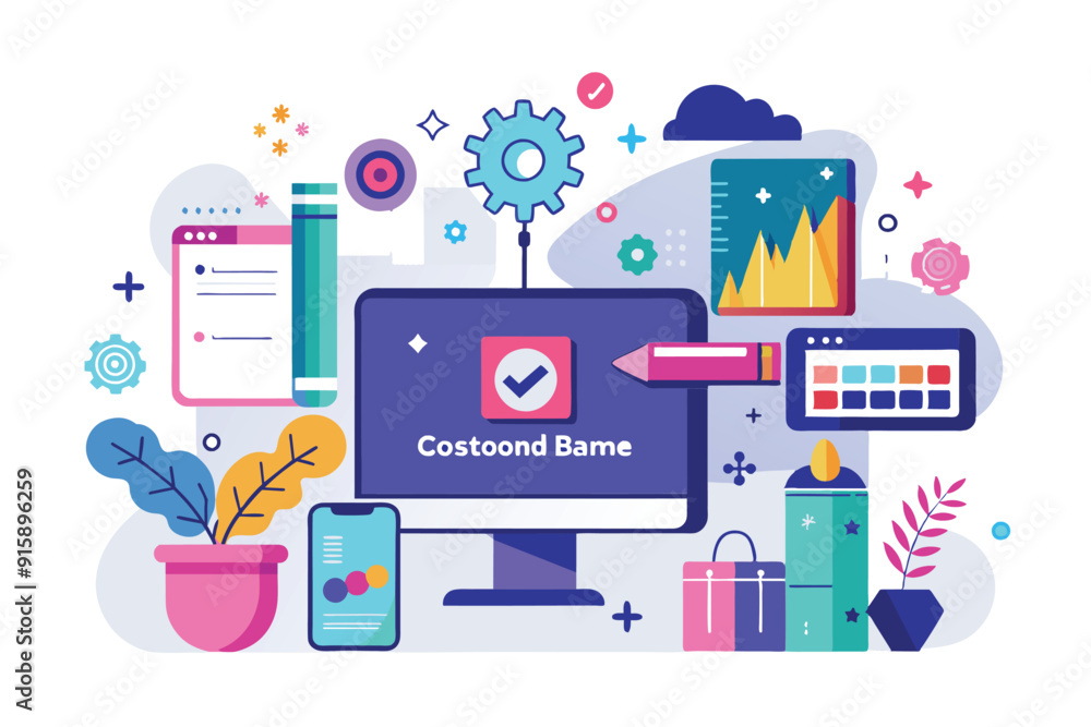 Poster a vibrant workspace features screens, charts, and tools representing customizable brand guidelines f
