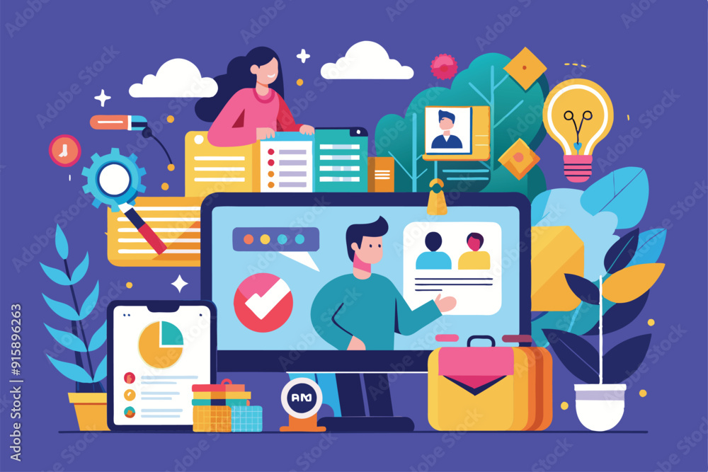 Poster a vibrant workspace features a team collaborating on digital projects, highlighted by illustrations 