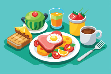 A customizable breakfast spread includes eggs, fresh fruits, drinks, and pastries, all presented beautifully on a vibrant table