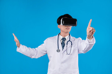 Doctor with stethoscope using VR headset pointing selection 3D hologram healthcare application against blue background with medical technology innovation poster banner materials design. Contrivance.