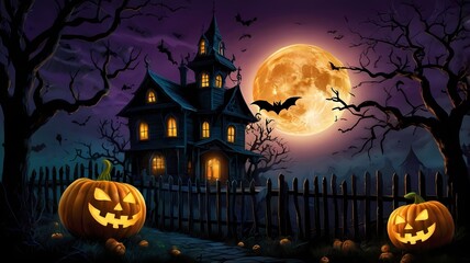 an enchanting Halloween scene with a haunted house on a hill, glowing jack-o'-lanterns, twisted trees, playful ghosts, a full moon, a witch on a broomstick, and eerie yet vibrant colors