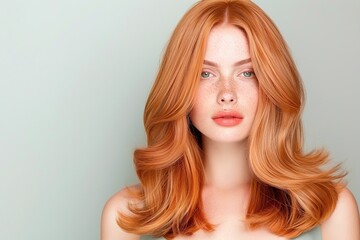 Naklejka premium Redhead Woman with Wavy Hair, Minimalist Beauty Portrait, Soft Lighting, Neutral Background, Modern and Elegant Look, Fashion Image with Copy Space for Text
