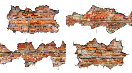 Set of cracked red brick walls, cut out