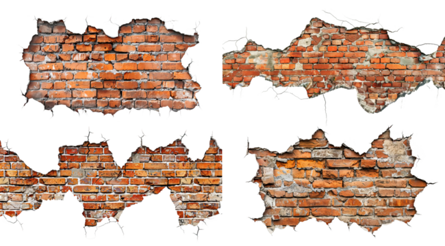Set of cracked red brick walls, cut out
