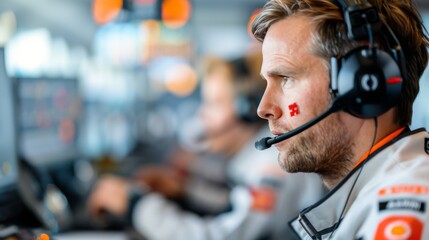 Race Team Strategist Analyzing Data During a Formula One Event