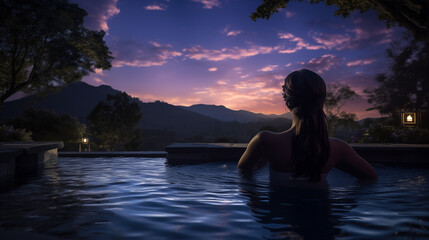 Fototapeta premium Woman relaxing in an outdoor pool at dusk, admiring the scenic mountain landscape under a colorful twilight sky.