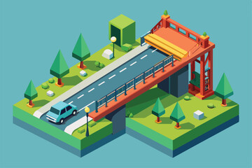A car travels across a vibrant isometric bridge road, surrounded by trees and greenery in a colorful, inviting landscape