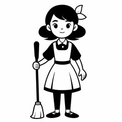  girl is standing with broom   Silhouette Vector illustration
