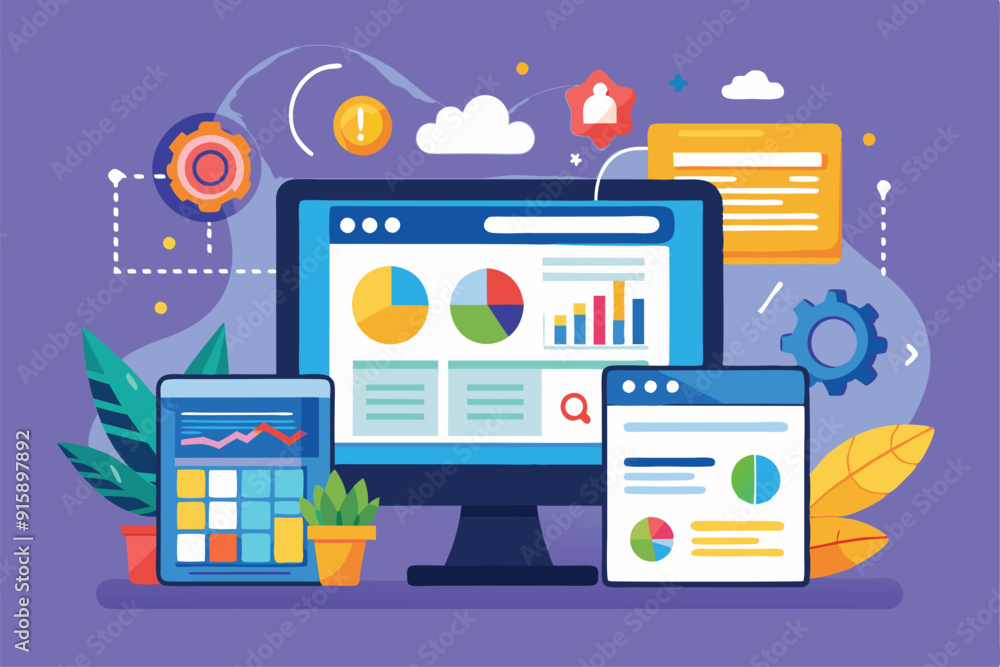 Poster customizable illustration shows a computer and tablet displaying colorful charts and analytics, surr