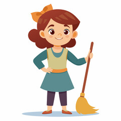  girl is standing with broom  color  Vector illustration
