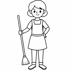  girl is standing with broom  line art  Silhouette Vector illustration
