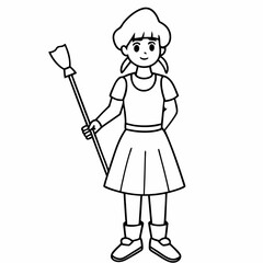  girl is standing with broom  line art  Silhouette Vector illustration
