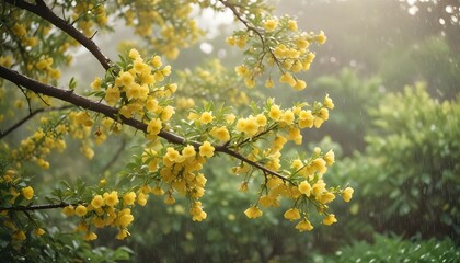 yellow flowering tree in a refreshing rain shower