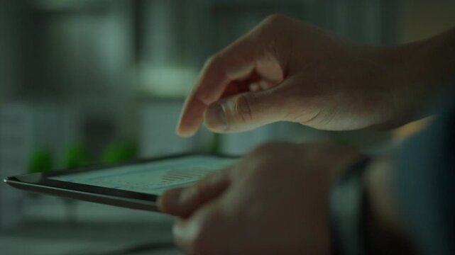 Close-up of a touch tablet. Hands of a Caucasian man control data information by touching the tablet screen. Data center worker works with electronic equipment making changes to the electronic system