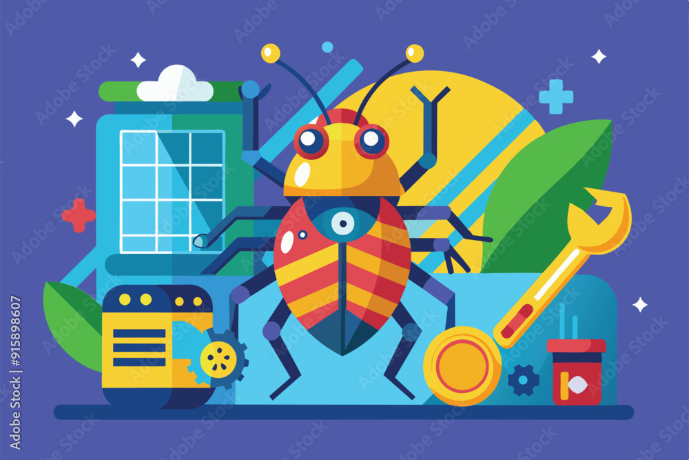 Poster a colorful illustration depicting bug fixing concepts with a large bug, tools, and graphical element