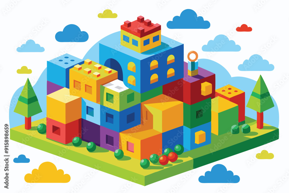 Poster colorful building blocks are arranged to create a whimsical landscape featuring trees and clouds, sh