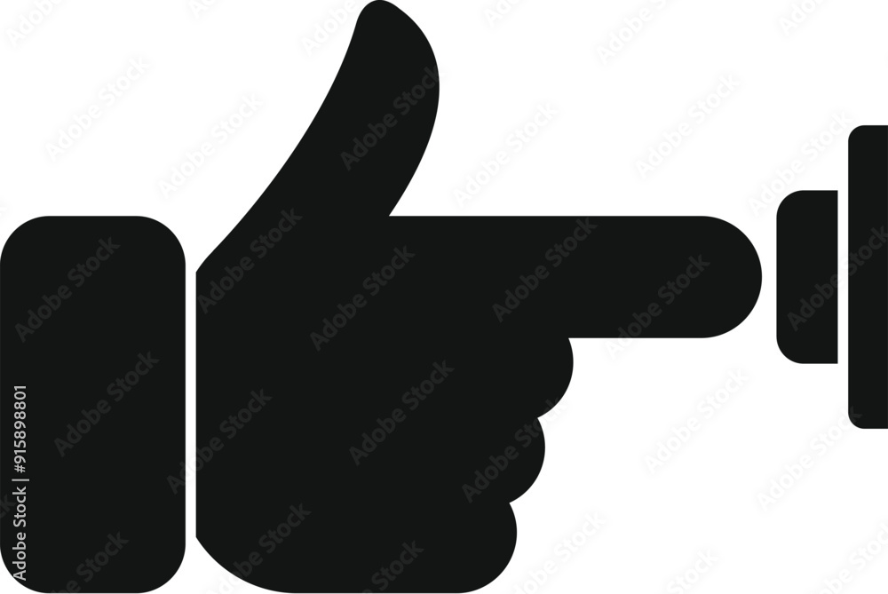 Poster black silhouette of a hand with the index finger pointing and pushing a round button