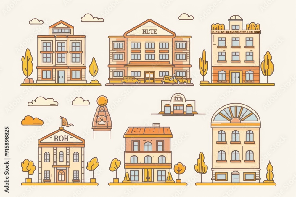 Poster urban architecture scene featuring multiple buildings on a clean white surface