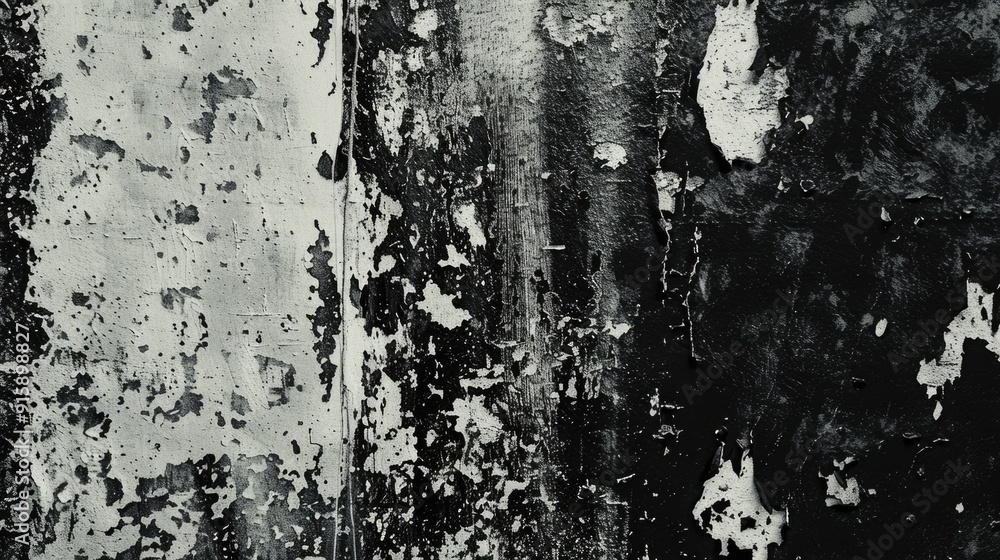 Poster black and white image of peeling paint on a wall, perfect for use in interior design or architecture