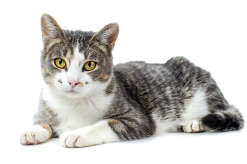 A gray and white cat resting on a white surface, looking relaxed