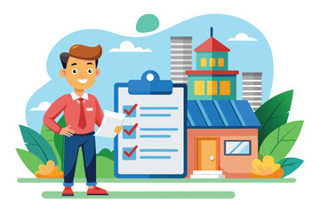 A cheerful individual stands beside a clipboard with a checklist, representing the building permit process next to a quaint house and modern buildings
