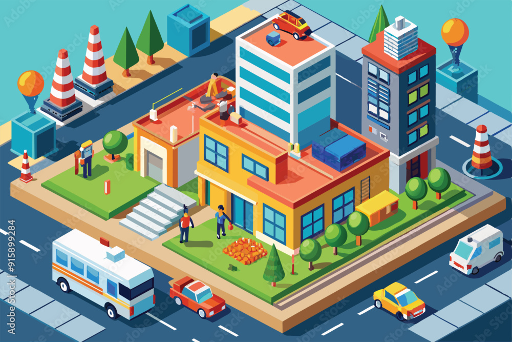 Poster workers assess building safety on a developing site with various vehicles, while construction and la