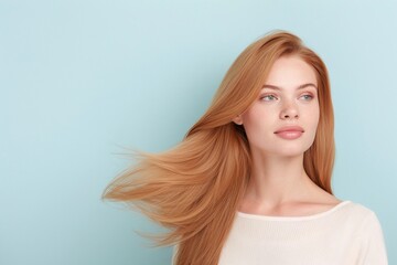 Fototapeta premium Redhead Woman with Flowing Hair, Minimalist Beauty Portrait, Soft Lighting, Light Blue Background, Natural and Stylish Look, Fashion Image with Copy Space for Text