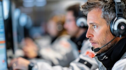 Obraz premium Race Team Strategist Analyzing Data During a Formula One Event