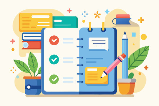 A vibrant flat illustration features a bullet journal, plants, and stationery, creating an organized and creative workspace atmosphere