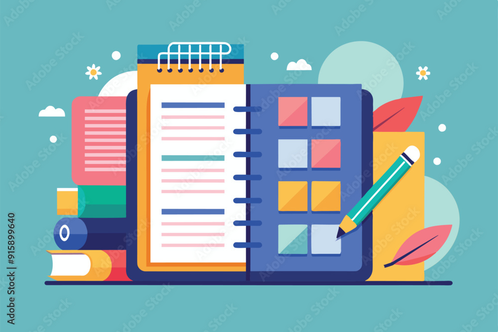 Aufkleber a vibrant illustration showcases a customizable bullet journal with tools for organizing tasks and c