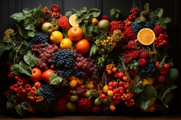 still life with bunches of grapes, berries and fresh and juicy fruits against a dark old wooden background, rural vintage style, the concept of fresh and healthy food