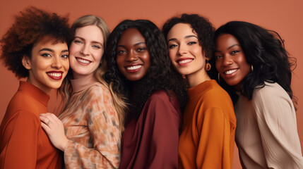 Obraz premium Diverse group of five happy multiethnic women smiling together in a studio portrait against a warm terracotta background.