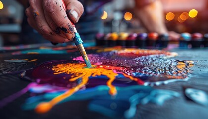 Obraz premium An artist immersed in the creation of a vivid mural, bright colors and dynamic strokes, Pop Art, Acrylic, Vibrant