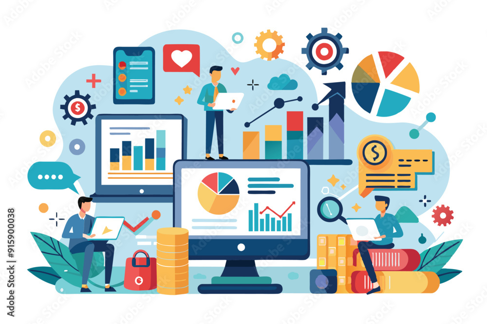 Poster professionals engaged in business analytics, utilizing computers to analyze data visualizations and 