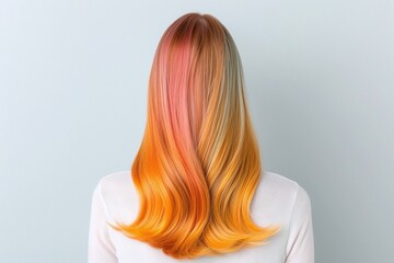 Fototapeta premium Woman with Gradient Orange and Pink Hair, Back View, Minimalist Beauty Portrait, Soft Waves, Neutral Background, Modern and Stylish Look, Fashion Image with Copy Space for Text