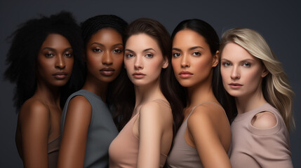 Obraz premium Five diverse young women of different ethnicities standing together in a studio, showcasing natural beauty and skin tones.